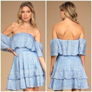 LULU’S Dreamy For The Day Blue Off The Shoulder Tiered Mini Dress